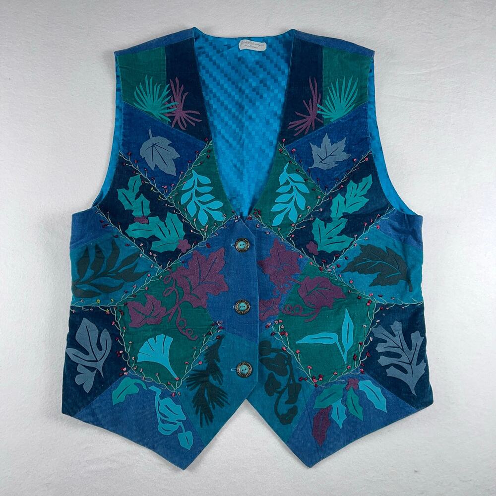 Vintage Judith Designs Corduroy Patchwork Applique Art to Wear Vest Size M